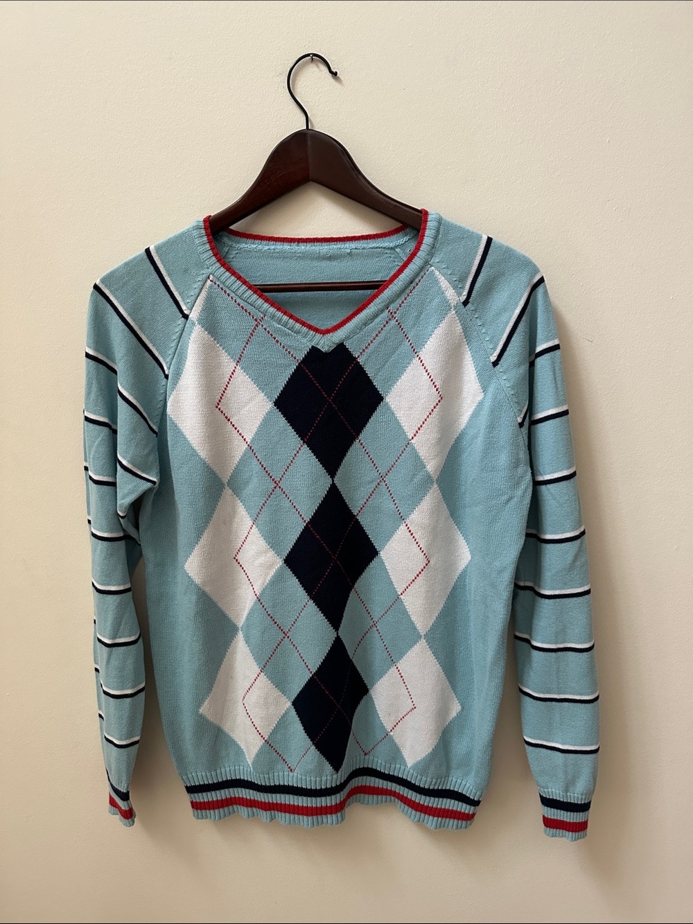 Light Blue Argyle V-Neck Sweater